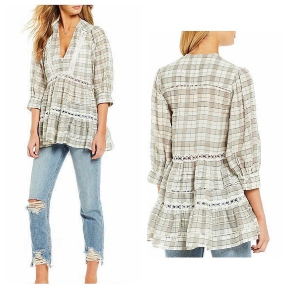 Free People Tiered Plaid Flowy top sz Small will fit M oversized - Picture 1 of 4
